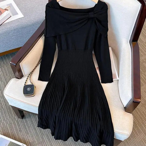 Load image into Gallery viewer, Black Elegant Long Sleeve Knit Dress Women Autumn Beige Bow French Fashion Slim Casual Ladies Midi Red Party Dresses Simplicity
