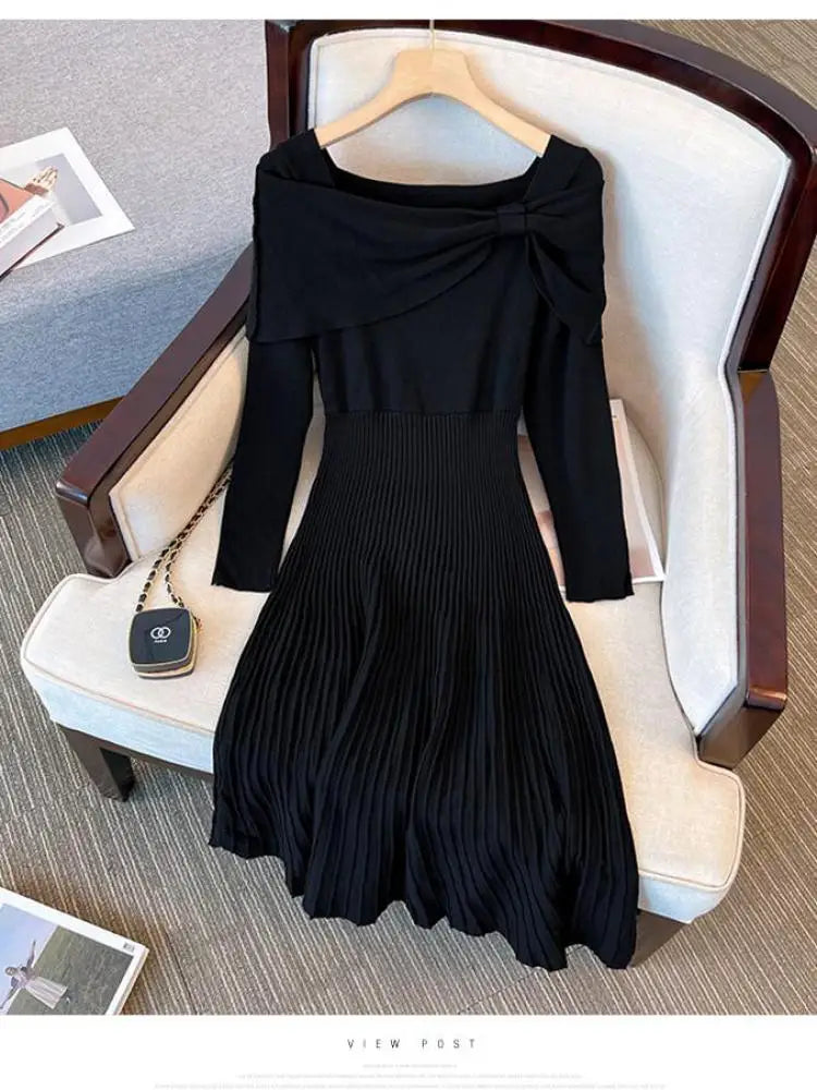 Black Elegant Long Sleeve Knit Dress Women Autumn Beige Bow French Fashion Slim Casual Ladies Midi Red Party Dresses Simplicity