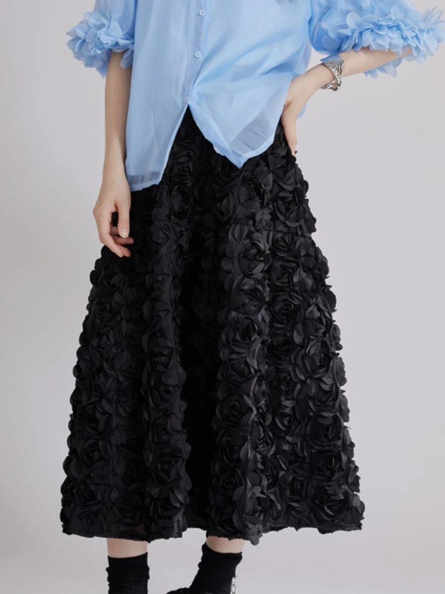 Blackwhite Hit Color Spliced 3D Flower Fashion Skirts for Women High Waist Patchwork Pockets Long Skirt Female New