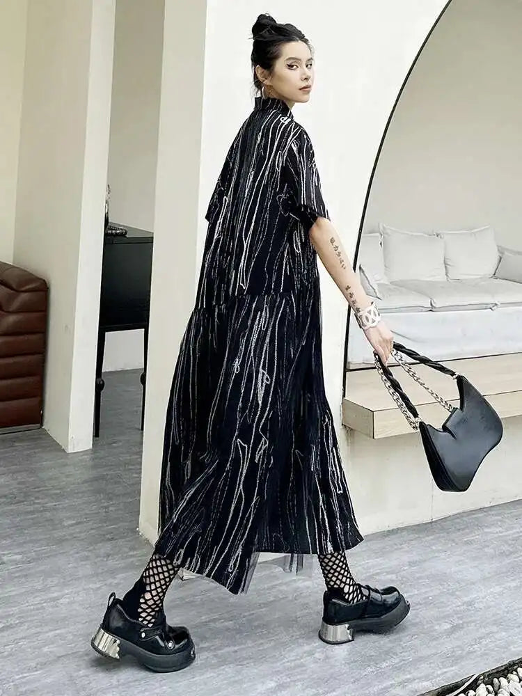 Women Black White Tie Dye Mesh Big Size Midi Shirt Dress New Lapel Short Sleeve Fashion Tide Spring Summer 2025 1DH5962