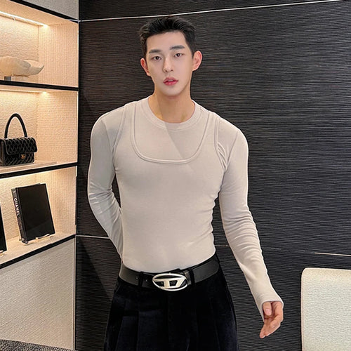 Load image into Gallery viewer, Casual Slim Male T-shirt Vest Two-piece Set Round Collar Long Sleeve T-shirts Solid Color Sleeveless Tank Top 9C3856
