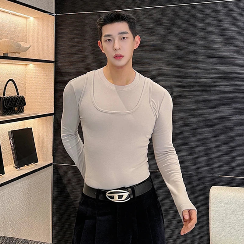 Casual Slim Male T-shirt Vest Two-piece Set Round Collar Long Sleeve T-shirts Solid Color Sleeveless Tank Top 9C3856