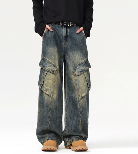 Men's Jeans New American Loose Washed Distressed Design Irregular Pockets Male Trousers Straight Leg Trendy Summer 9W1560