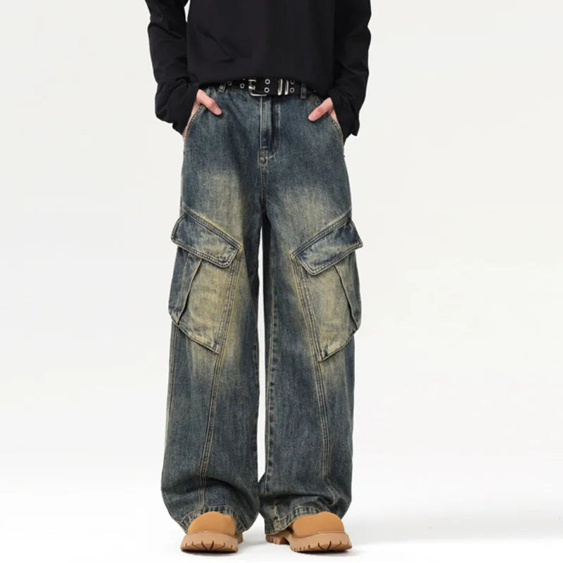 Men's Jeans New American Loose Washed Distressed Design Irregular Pockets Male Trousers Straight Leg Trendy Summer 9W1560