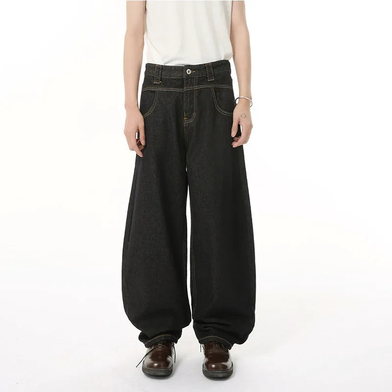 Men's Jeans New Niche Curved Knife Design Straight Wide Leg Trendy Solid Color Washed Male Bottoms American Style 9W1838