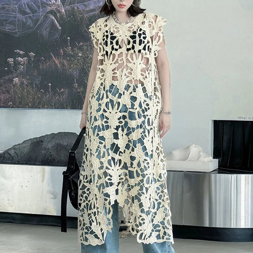 Load image into Gallery viewer, Women Black Lace Hollow Out Perspective Big Size Dress New Round Neck Sleeveless Fashion Tide Spring Summer 2025 1DJ0243
