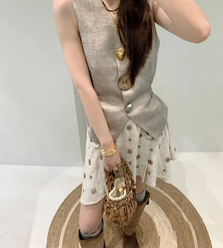 Hit Color Two Piece Sets for Women V Neck Sleeveless Spliced Irregular Button Jacket Printing Skirt Set Female New