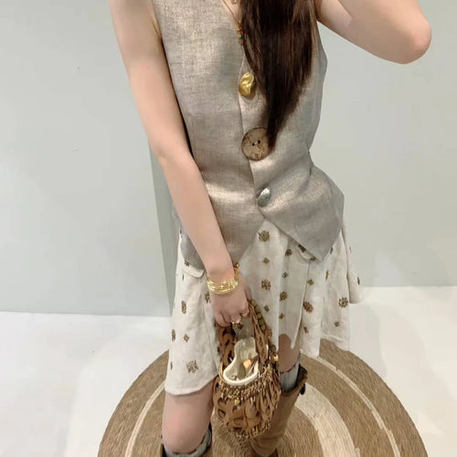 Load image into Gallery viewer, Hit Color Two Piece Sets for Women V Neck Sleeveless Spliced Irregular Button Jacket Printing Skirt Set Female New
