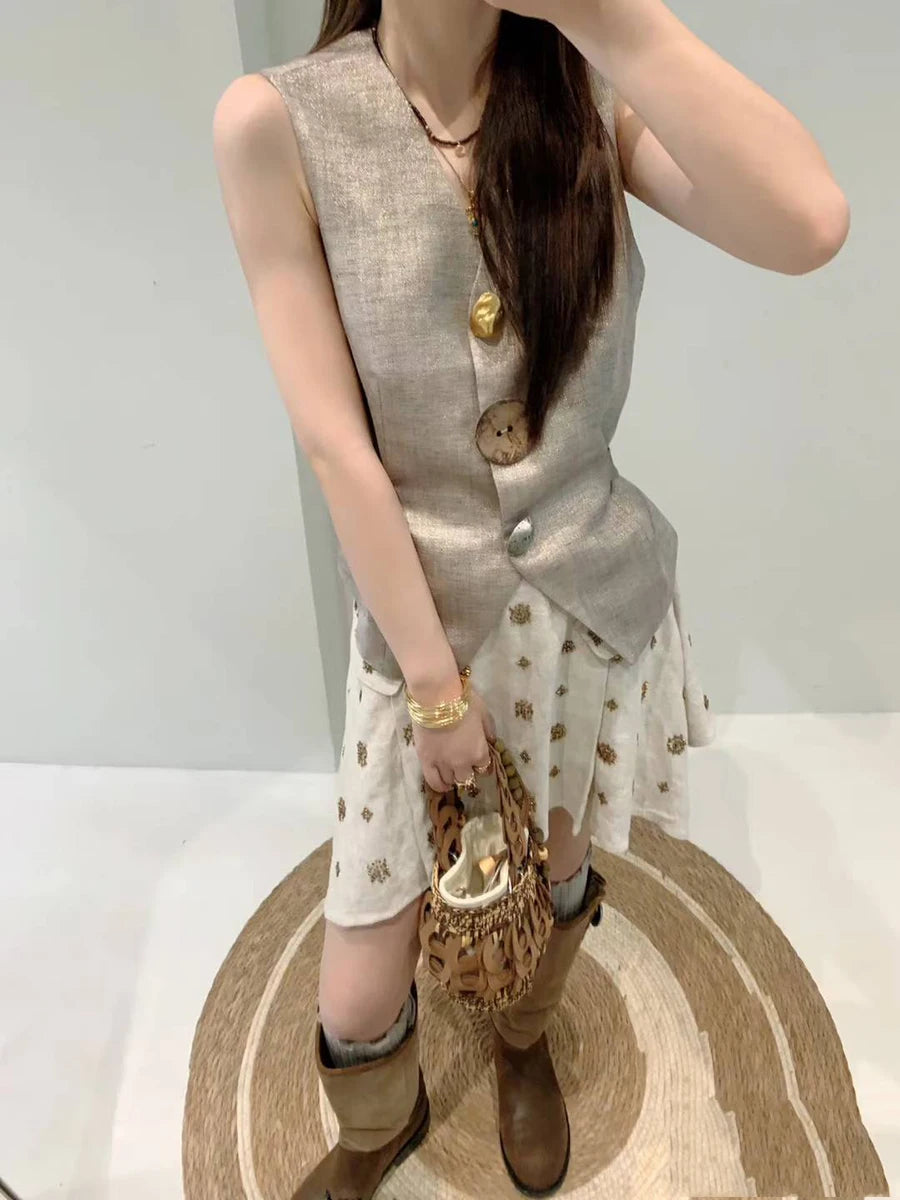 Hit Color Two Piece Sets for Women V Neck Sleeveless Spliced Irregular Button Jacket Printing Skirt Set Female New