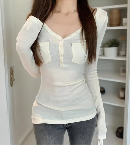 y2k Tops for Women Solid Color Buttons V Neck Slim Fit Long Sleeve T Shirts with Pockets 2000s Clothing Streetwear