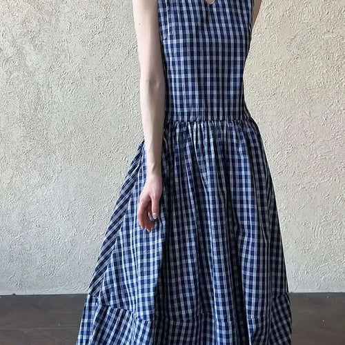 Load image into Gallery viewer, Women Dark Blue Plaid Pocket Vintage Long Elegant Vest Dress New V-Neck Sleeveless Fashion Tide Spring Summer 2025 1DJ0667
