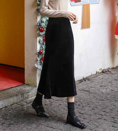 Autumn Winter French Vintage Black Velvet Fishtail Long Skirts Women's 2024 Elegant High Waist Festival Skirt Streetwear Popular