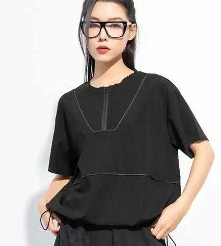 Women Black Zipper Spliced Drawstring Big Size T-shirt New Round Neck Short Sleeve Fashion Tide Spring Summer 2025 1DH5068