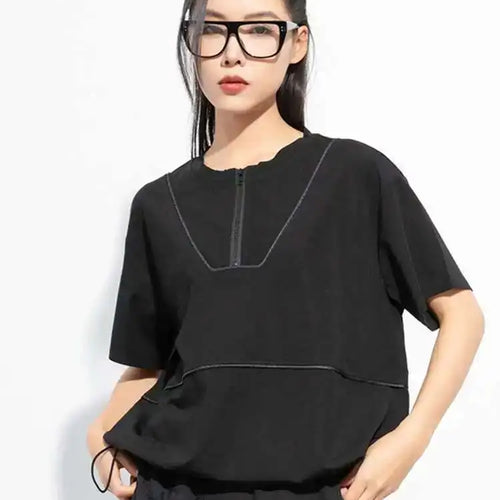 Load image into Gallery viewer, Women Black Zipper Spliced Drawstring Big Size T-shirt New Round Neck Short Sleeve Fashion Tide Spring Summer 2025 1DH5068

