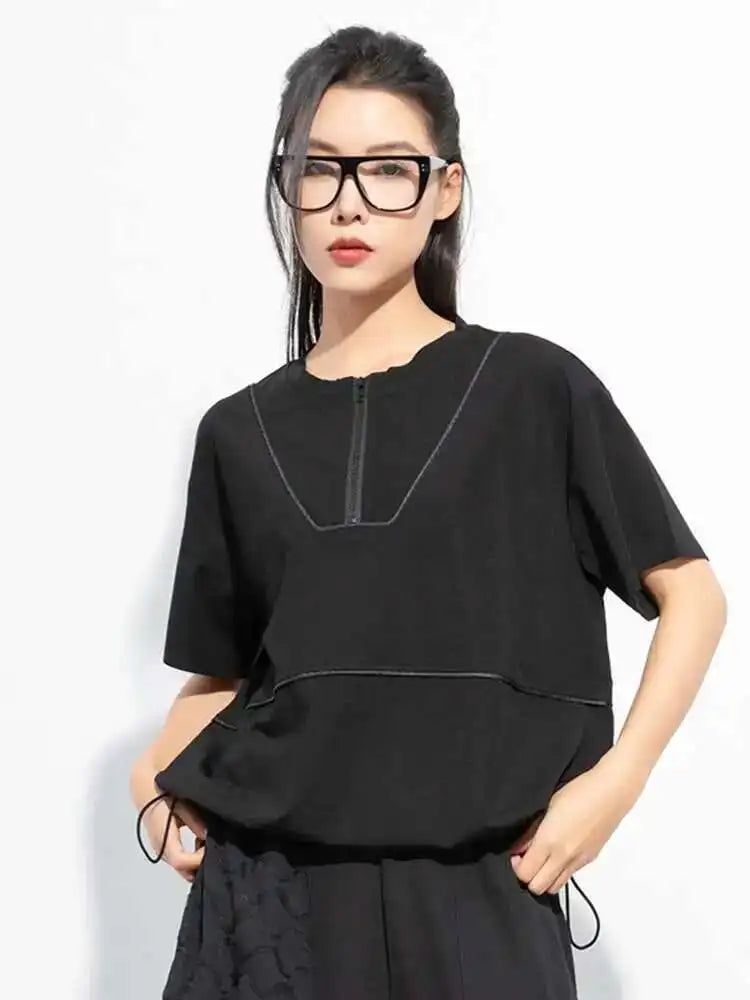 Women Black Zipper Spliced Drawstring Big Size T-shirt New Round Neck Short Sleeve Fashion Tide Spring Summer 2025 1DH5068