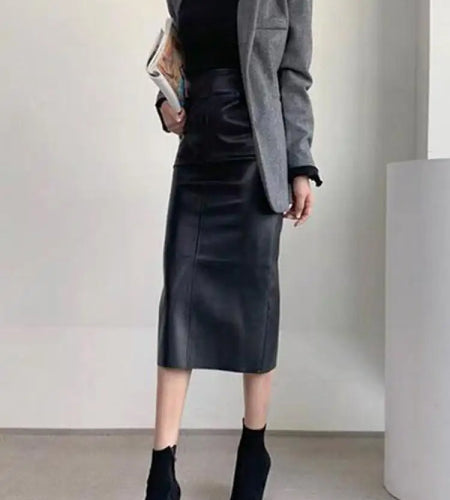 Autumn Winter New Black Leather High Waist Midi Skirt Women Korean Fashion Brown Office Straight Wrap Hip Split Skirt Streetwear