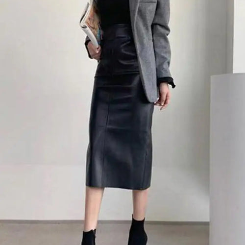 Load image into Gallery viewer, Autumn Winter New Black Leather High Waist Midi Skirt Women Korean Fashion Brown Office Straight Wrap Hip Split Skirt Streetwear
