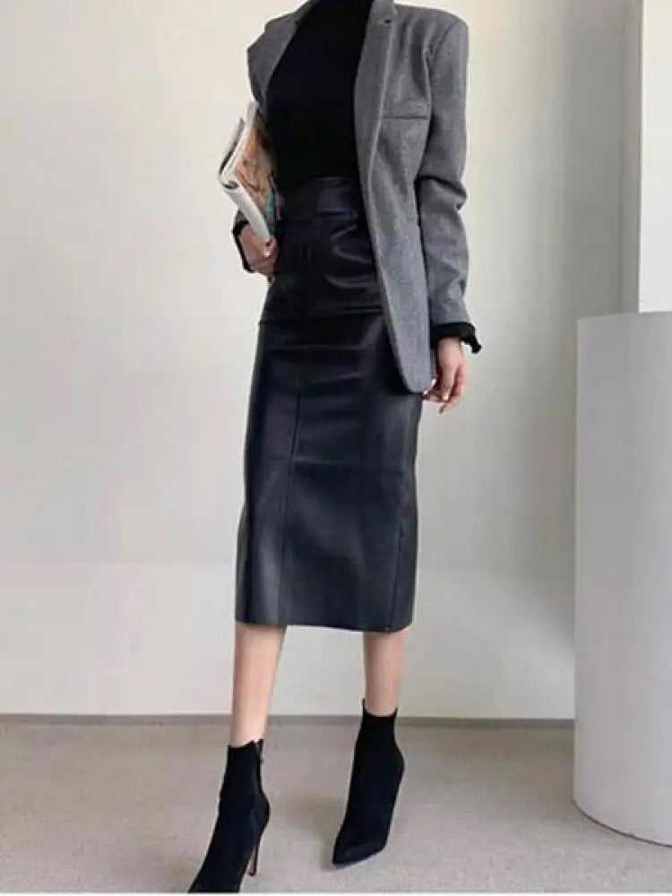 Autumn Winter New Black Leather High Waist Midi Skirt Women Korean Fashion Brown Office Straight Wrap Hip Split Skirt Streetwear