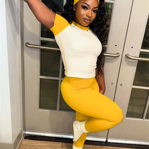 Load image into Gallery viewer, Simple Casual Sporty 2 Piece Set Women Contrast Patchwork Short Sleeve T-Shirts+Skinny Stretch Sweatpants Fit Tracksuits
