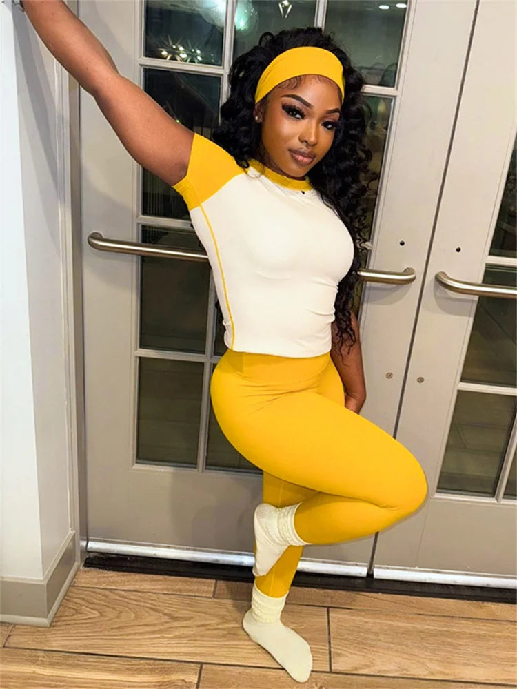 Simple Casual Sporty 2 Piece Set Women Contrast Patchwork Short Sleeve T-Shirts+Skinny Stretch Sweatpants Fit Tracksuits