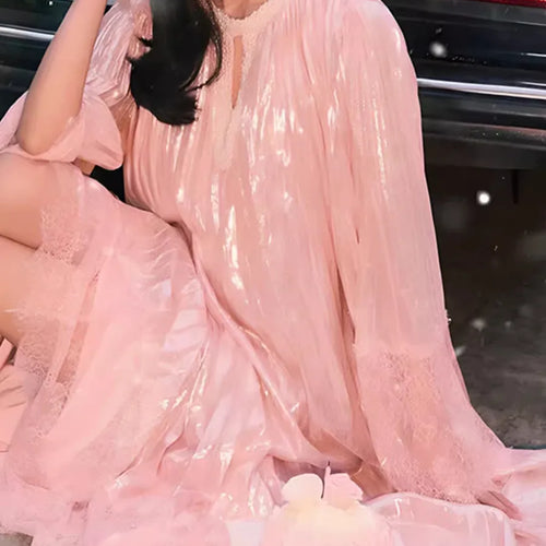 Load image into Gallery viewer, Solid Loose Long Dress For Women O Neck Long Sleeve High Waist Hollow Out Spliced Pearl Dress Female Fashion Style
