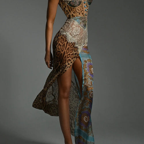 Load image into Gallery viewer, Leopard Print Lace Split Sexy Maxi Dress Women Gown Elegant Patchwork Chiffon Sleeveless Backless Beach Evening Dress
