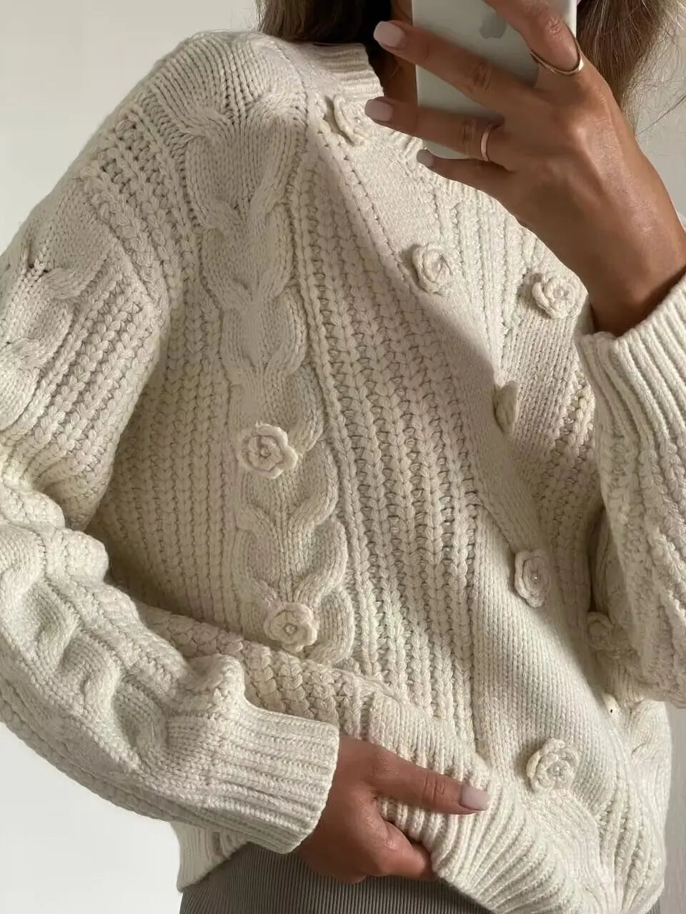 Women Fashion With Pearl Flower Appliques Loose Knit Sweater Vintage O Neck Long Sleeve Female Pullovers Chic Tops C-163