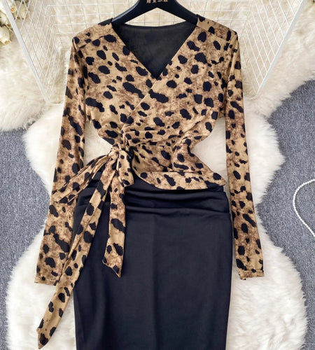 Vintage French Women Brown Leopard Patchwork Elegant Short Dress Autumn Green Print Long Sleeves V Neck Bandage Mini Dress Trend