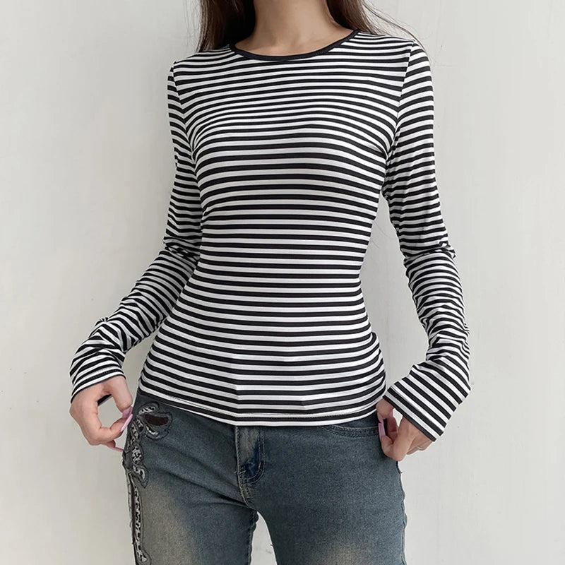 y2k Tops Women Grunge Clothes Casual Striped Round Neck Backless Long Sleeve Tee Shirts 2000s Clothing Streetwear