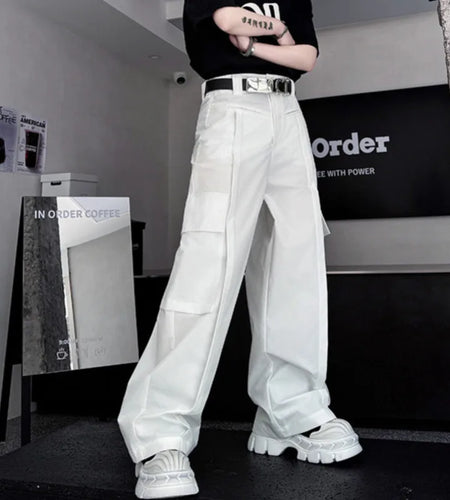 American Men's Cargo Pants Loose Straight Wide Leg Trendy Solid Color Multi Pockets Stylish Male Bottoms Summer 9W2013