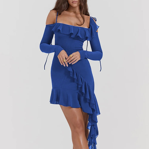 Load image into Gallery viewer, Sexy Strap One Line Neck Double Layer Long Sleeve Dress Women's Slim Fit Ruffles Irregular Mini Dress Sweet Party Club
