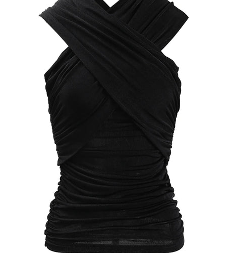 Women Black Cross Irregular Pleated Elegant T-shirt New Round Neck Sleeveless Fashion Tide Spring Summer 2025 CPDB102