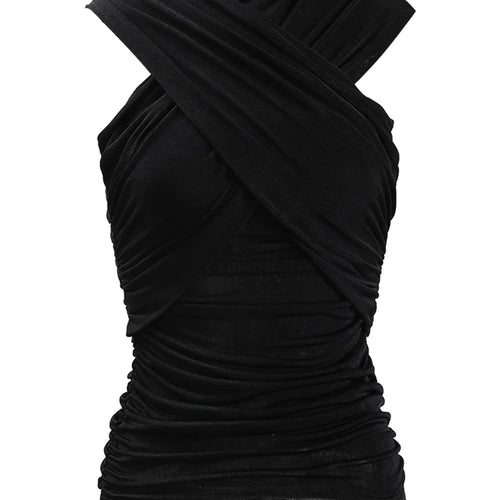 Load image into Gallery viewer, Women Black Cross Irregular Pleated Elegant T-shirt New Round Neck Sleeveless Fashion Tide Spring Summer 2025 CPDB102
