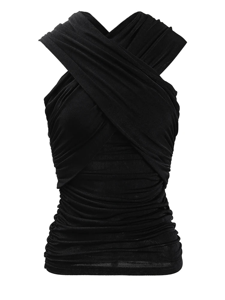 Women Black Cross Irregular Pleated Elegant T-shirt New Round Neck Sleeveless Fashion Tide Spring Summer 2025 CPDB102