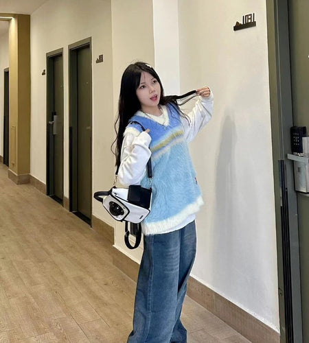 2025 Japanese Sleeveless Sweater Vest Casual Vintage Pullovers Y2k Aesthetic Women Streetwear Grunge Striped Knitwear Waistcoat