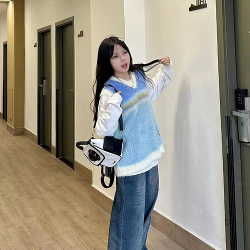 Load image into Gallery viewer, 2025 Japanese Sleeveless Sweater Vest Casual Vintage Pullovers Y2k Aesthetic Women Streetwear Grunge Striped Knitwear Waistcoat
