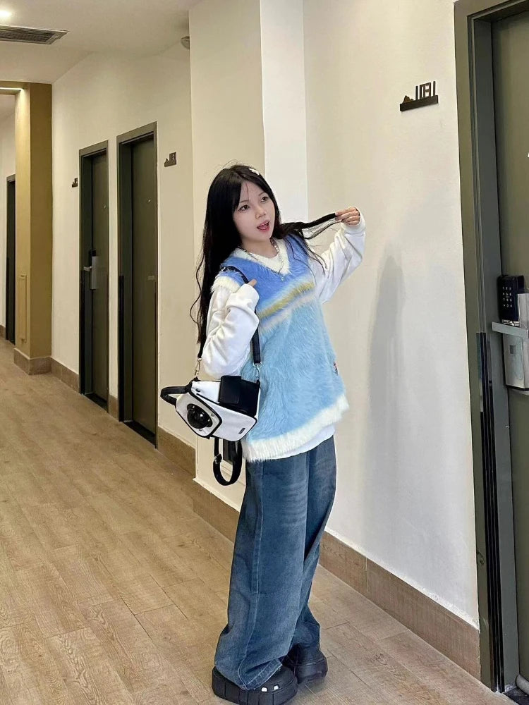 2025 Japanese Sleeveless Sweater Vest Casual Vintage Pullovers Y2k Aesthetic Women Streetwear Grunge Striped Knitwear Waistcoat