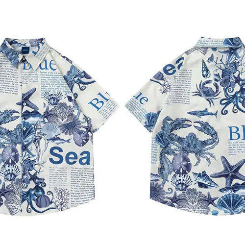 Load image into Gallery viewer, Harajuku Oversize Shirts Summer Retro Sea World Letter Graphic Print Button Up Blouse Streetwear Hip Hop Loose Short Sleeve Tops
