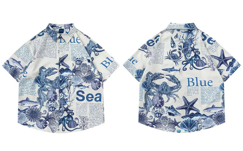Harajuku Oversize Shirts Summer Retro Sea World Letter Graphic Print Button Up Blouse Streetwear Hip Hop Loose Short Sleeve Tops