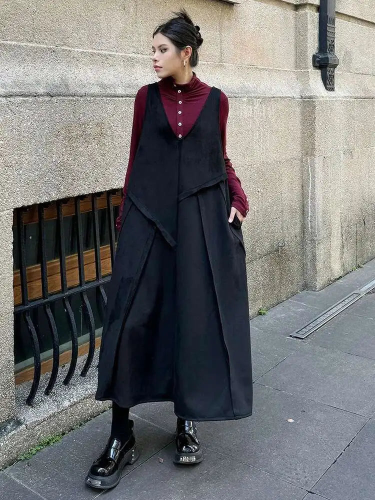 Women Black Irregular Spliced Big Size Long Strap Dress New V-Neck Sleeveless Fashion Tide Spring Autumn 2025 1DH7700