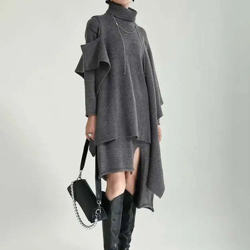 Load image into Gallery viewer, Women Gray Irregular Design Knitting Dress New Turtleneck Long Sleeve Loose Fit Fashion Tide Spring Autumn 2025 1DF2618

