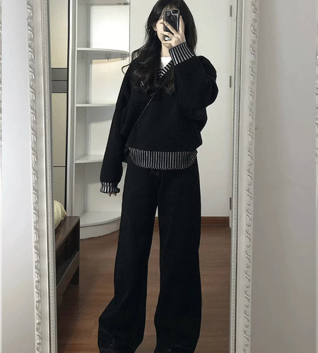 Y2k Aesthetic Fake Two Pieces Sweaters Harajuku Women Stripe Contrast Color Loose Jumpers Spring Grunge Vintage Casual Pullovers
