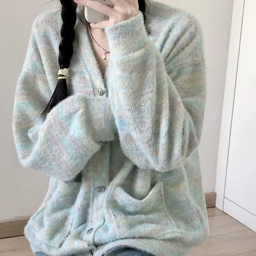 Load image into Gallery viewer, Cute Iridescence Knitted Cardigans Loose Sweet Y2k Aesthetic Single Breaste Tops Contrast Color Grunge Harajuku Sweaters Women
