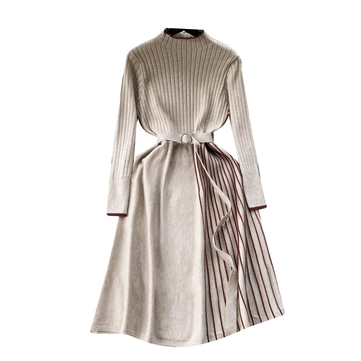 Autumn Fashion New Knitted Straight Patchwork Party Long Dress Korean Women's Half High Neck Elegant Casual Sweater Warm Dresses