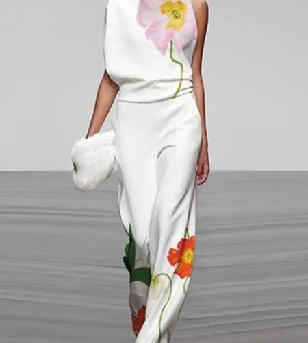 Vintage Floral Printed Suits For Women Sleeveless High Neck Vest Tops & High Waisted Loose Straight Female Leg Pants