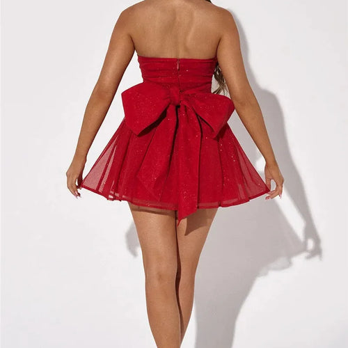 Load image into Gallery viewer, Mesh Strapless Sparkle Sexy Mini Dress For Women Fashion Backless Bow Pleated Dresses Femme Club Party Dress Elegant
