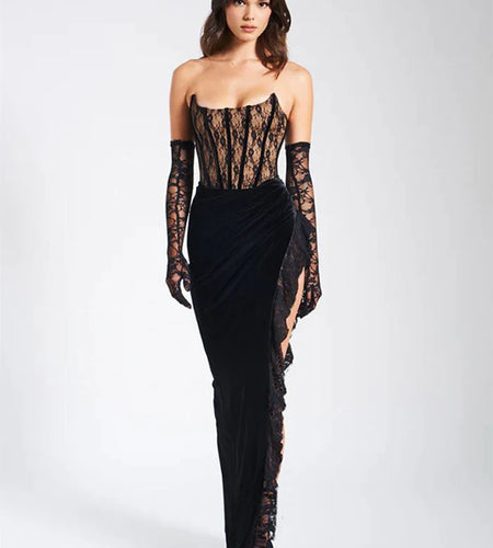 Elegant Lace Strapless Maxi Dress For Women Fashion Black Sleeveless Backless Bodycon Club Party Sexy Long Dress
