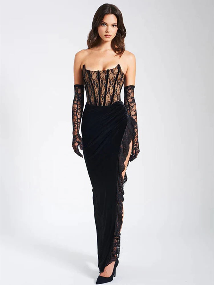 Elegant Lace Strapless Maxi Dress For Women Fashion Black Sleeveless Backless Bodycon Club Party Sexy Long Dress