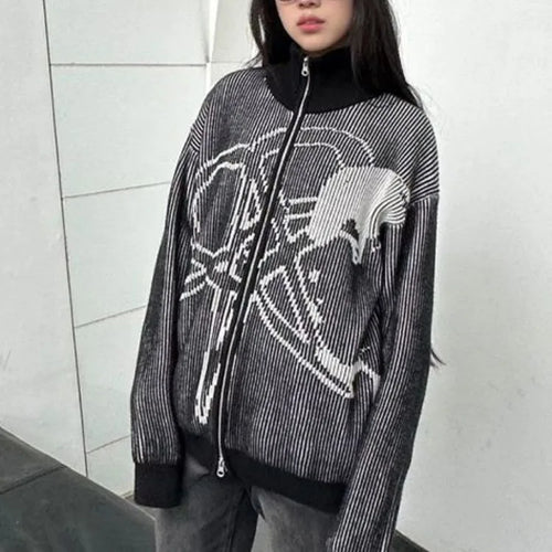 Load image into Gallery viewer, 2025 Vintage Star Jacquard Y2k Aesthetic Jacket Women Men Double Zipper Casual Jackets Oversized Harajuku Stand Neck Grunge Coat
