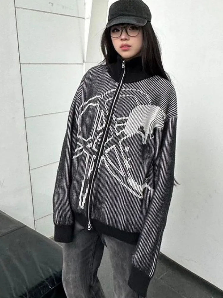 2025 Vintage Star Jacquard Y2k Aesthetic Jacket Women Men Double Zipper Casual Jackets Oversized Harajuku Stand Neck Grunge Coat